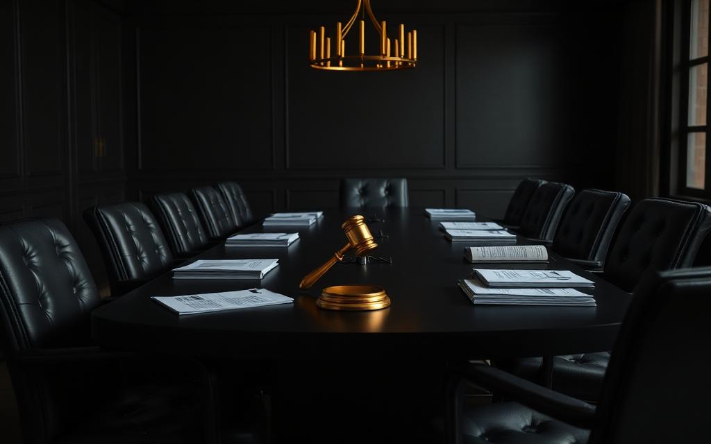 Executive boardroom scene with gold accents