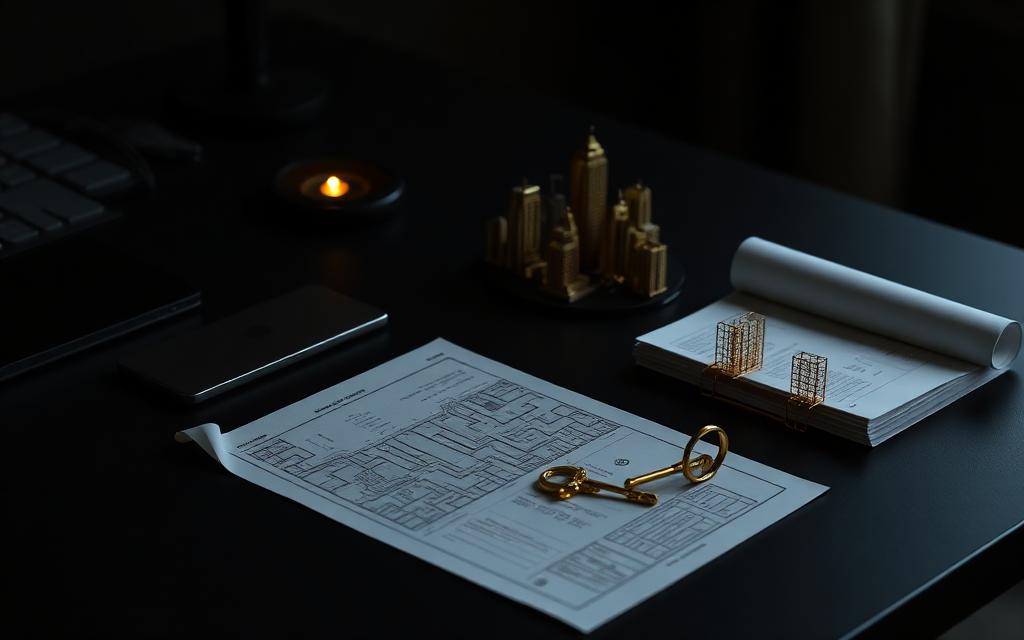 Business setup desk with blueprints and a golden key