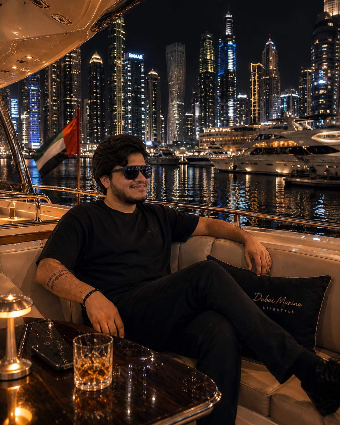 Meet Rafaliya on a yacht at Dubai Marina at night with the skyline in the background