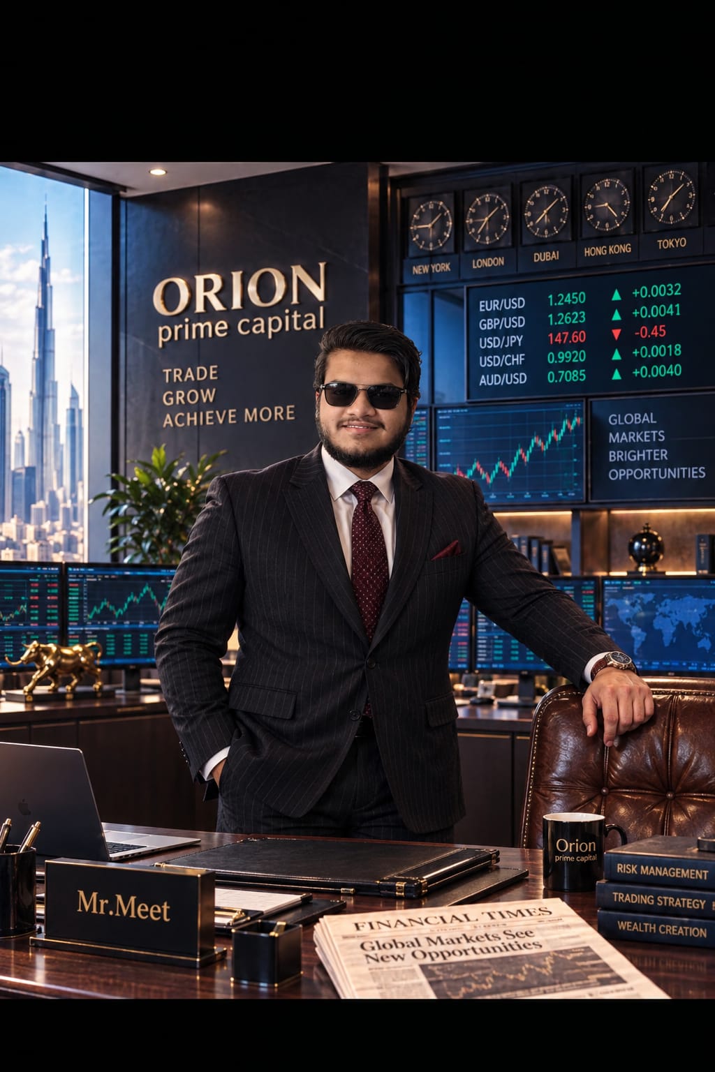 Meet Rafaliya in a formal suit standing in a trading office with market screens and a Dubai skyline window