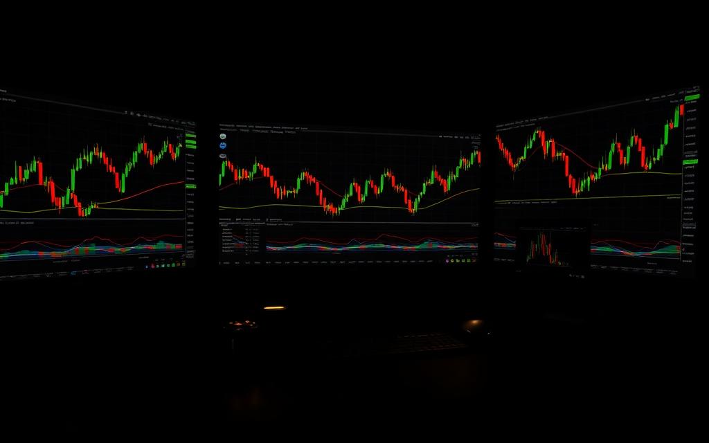 Dark editorial trading desk with candlestick charts and gold accents