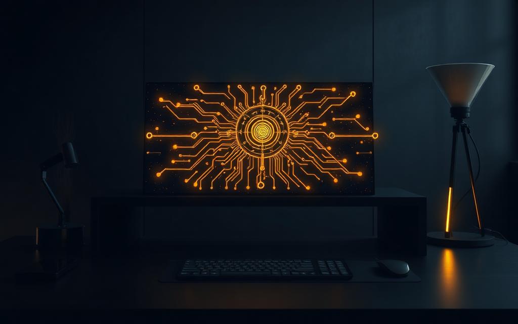 Glowing neural network visual in gold on a dark background