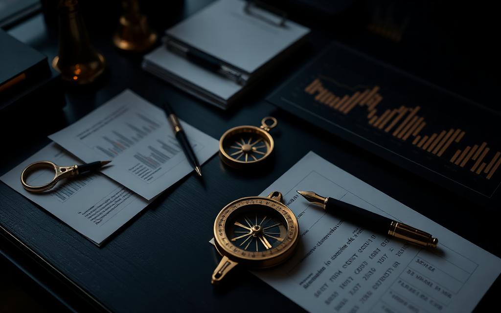 Golden compass on a fund management desk with financial documents